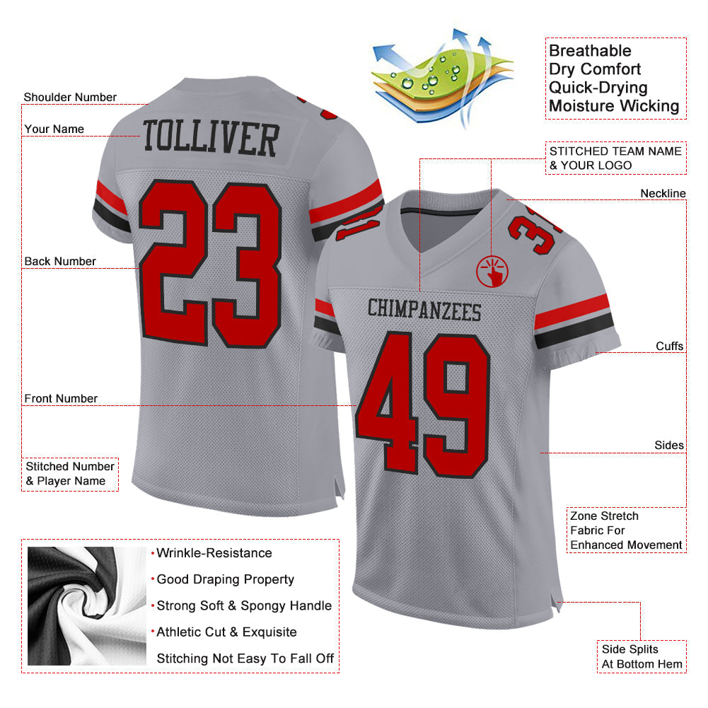 Custom Gray Red-Black Mesh Authentic Football Jersey