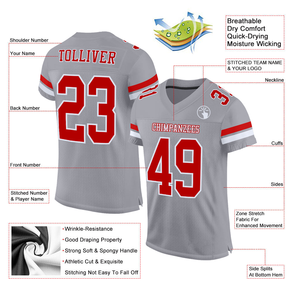 Custom Gray Red-White Mesh Authentic Football Jersey