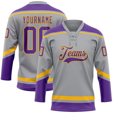 Custom Gray Purple-Gold Hockey Lace Neck Jersey