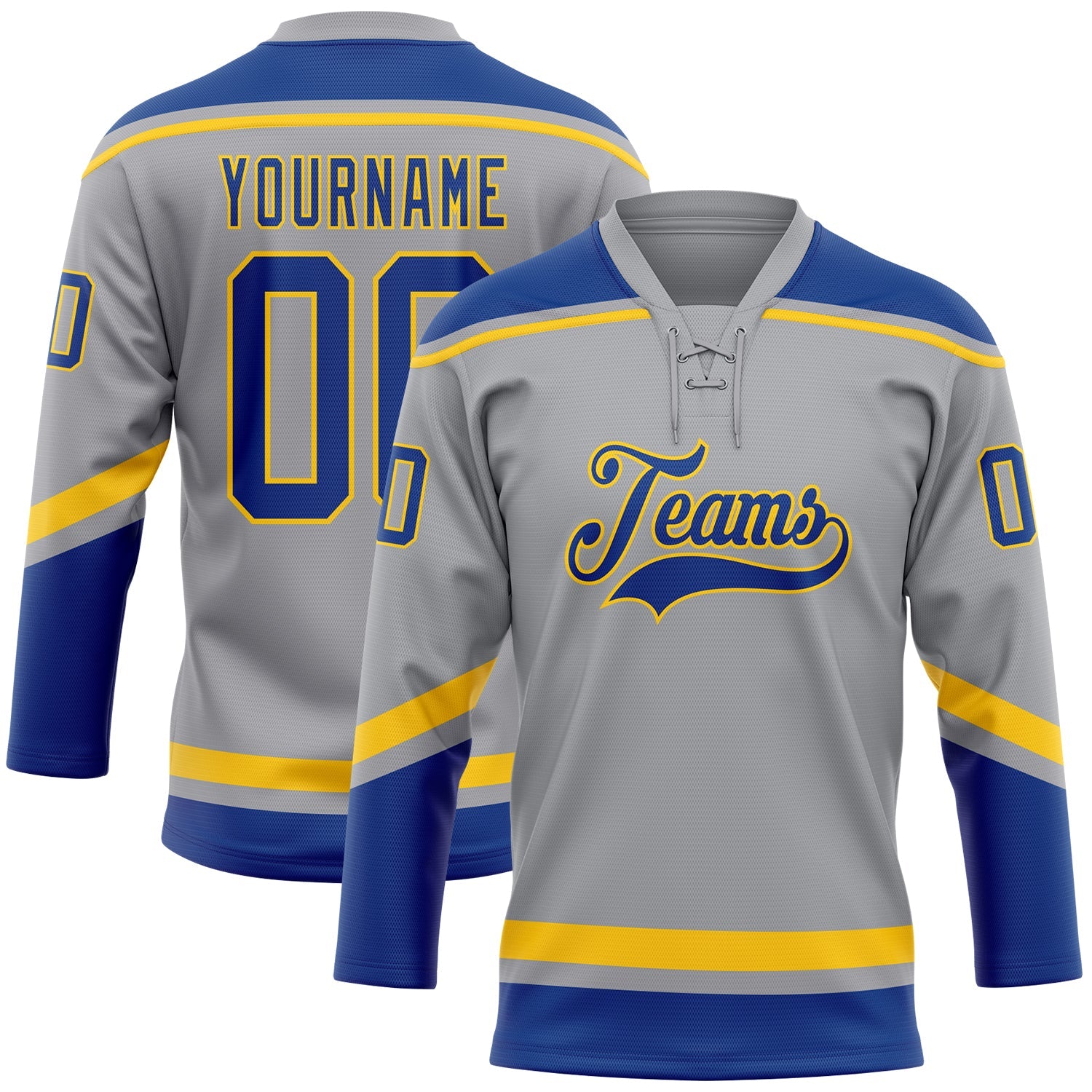 Custom Gray Royal-Yellow Hockey Lace Neck Jersey