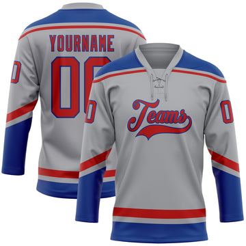 Custom Gray Red-Royal Hockey Lace Neck Jersey