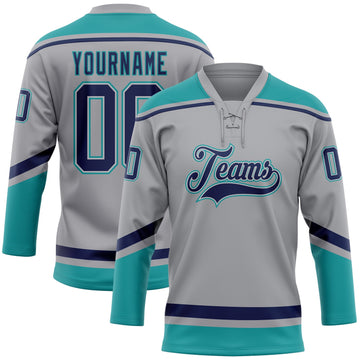 Custom Gray Navy-Teal Hockey Lace Neck Jersey