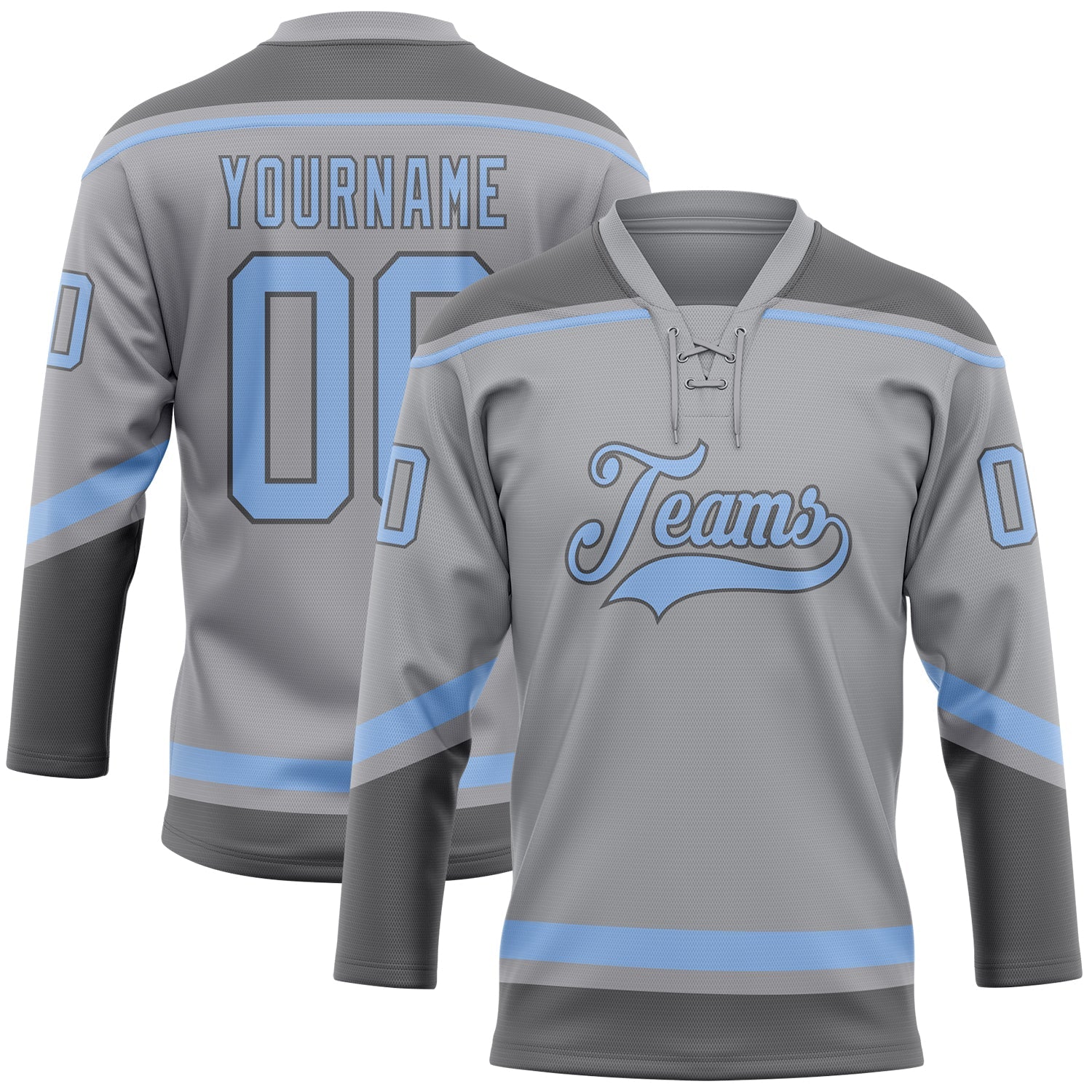 Custom Gray Light Blue-Steel Gray Hockey Lace Neck Jersey