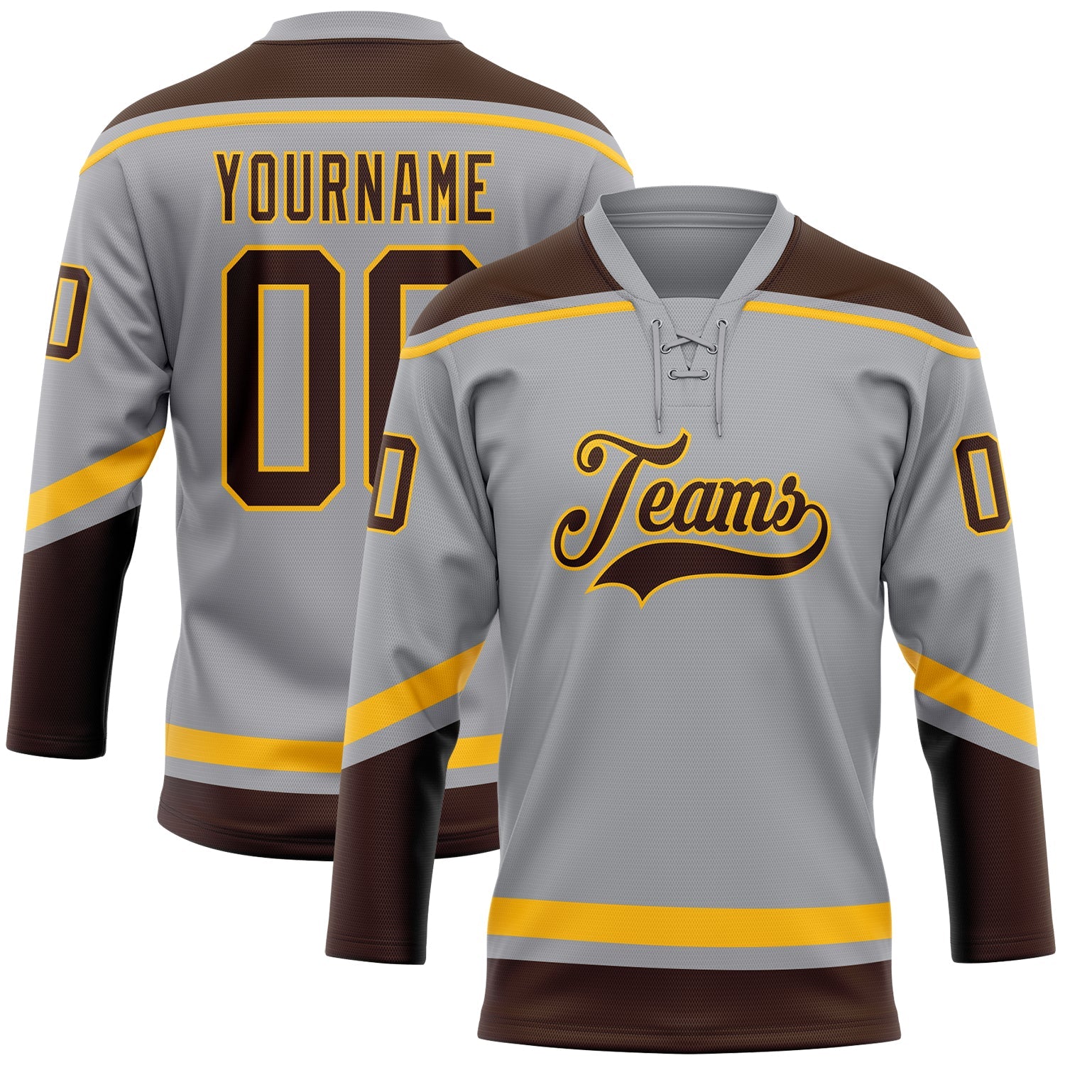 Custom Gray Brown-Gold Hockey Lace Neck Jersey