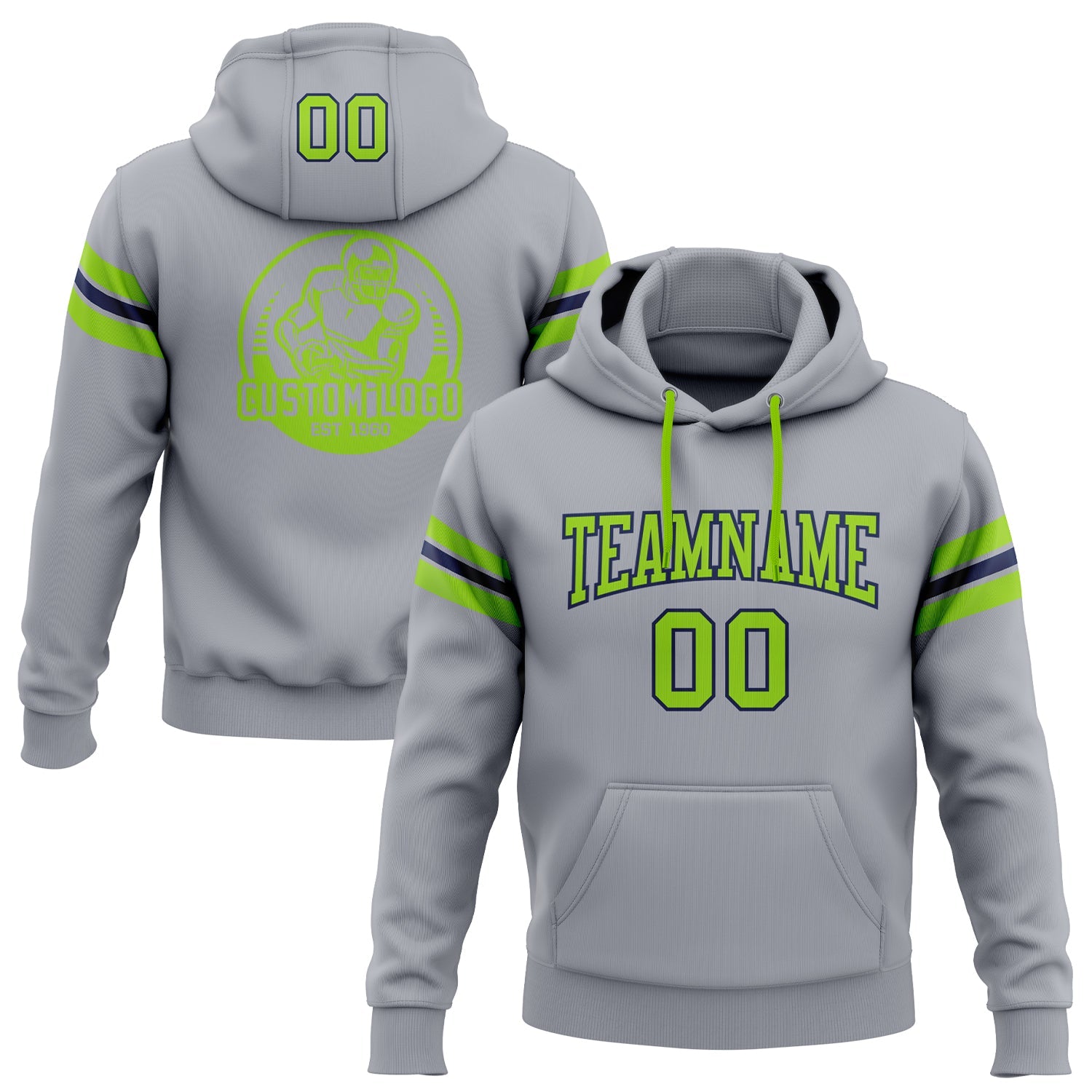 Custom Stitched Gray Neon Green-Navy Football Pullover Sweatshirt Hoodie