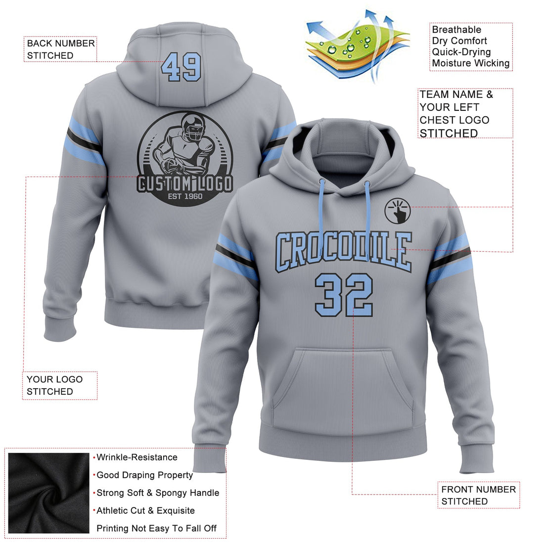 Custom Stitched Gray Light Blue-Black Football Pullover Sweatshirt Hoodie