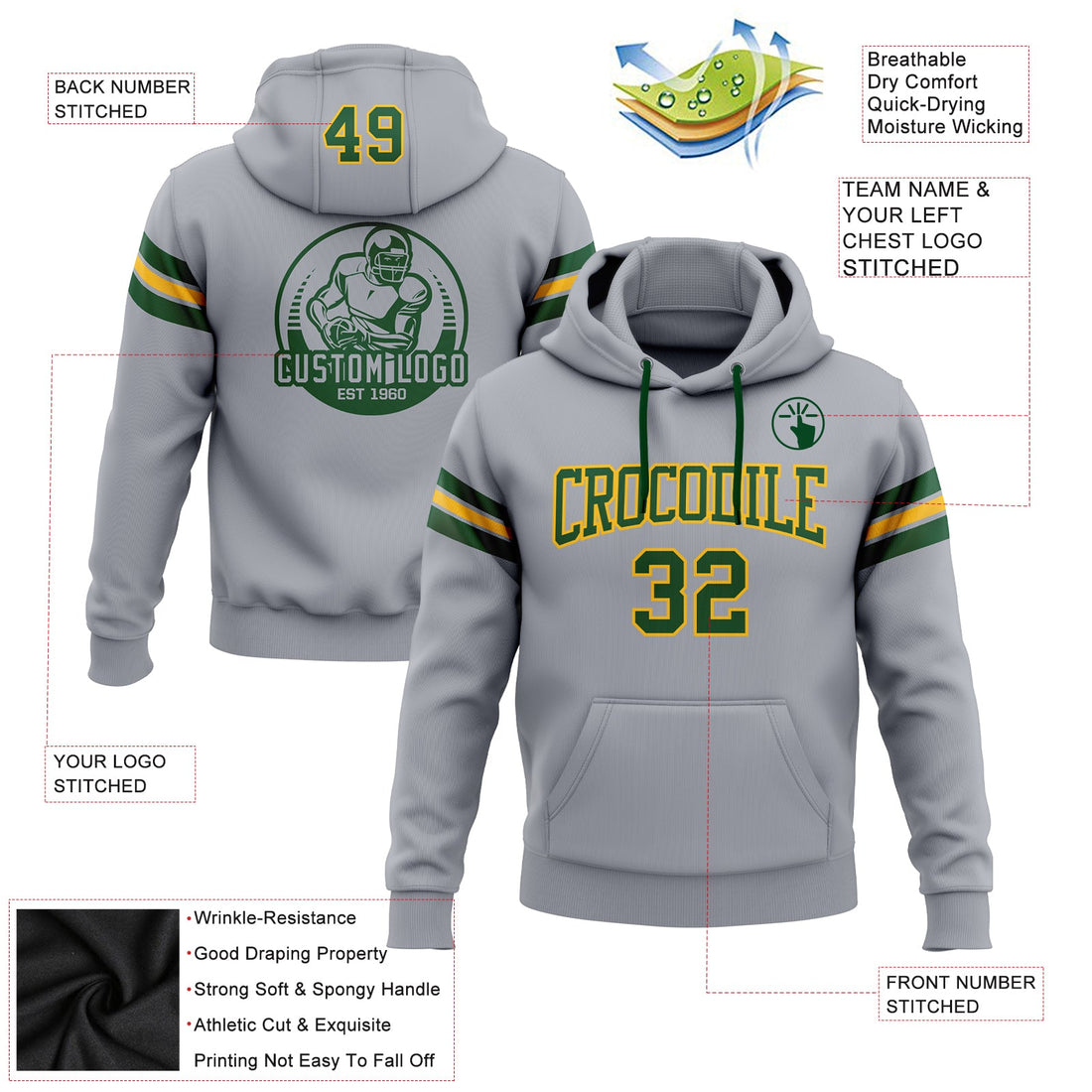 Custom Stitched Gray Green-Gold Football Pullover Sweatshirt Hoodie