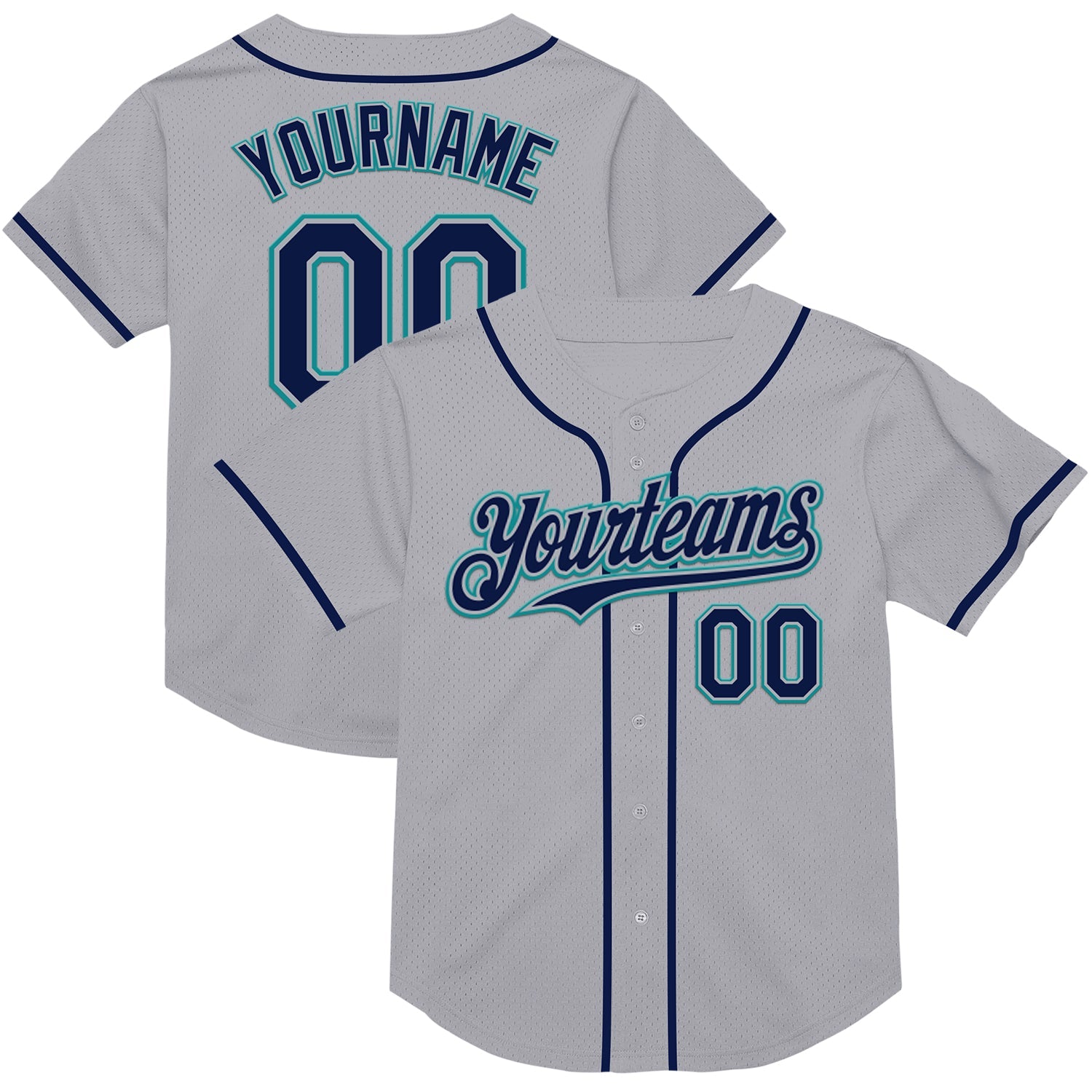 Custom Gray Navy-Teal Mesh Authentic Throwback Baseball Jersey