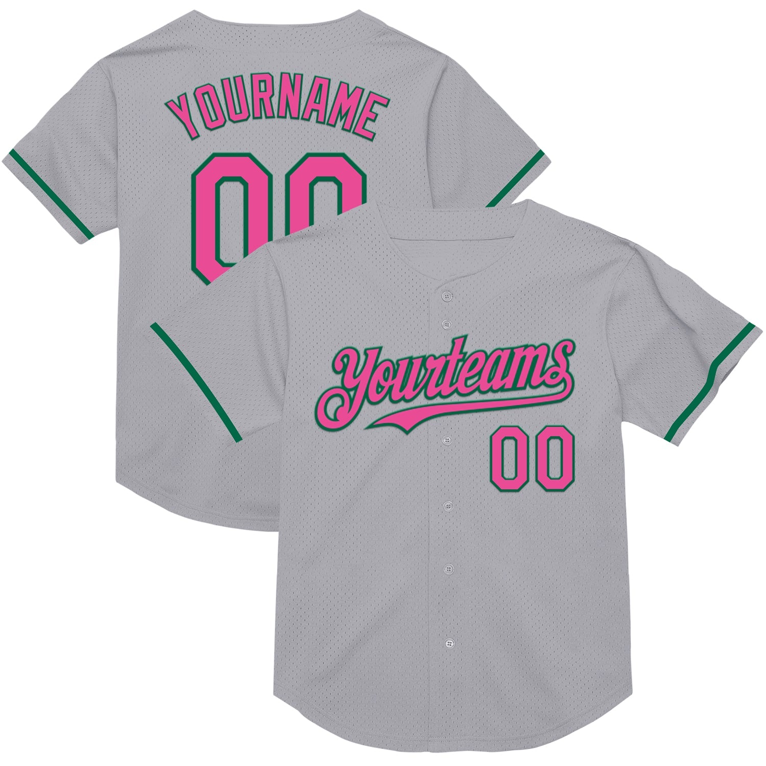 Custom Gray Pink-Kelly Green Mesh Authentic Throwback Baseball Jersey