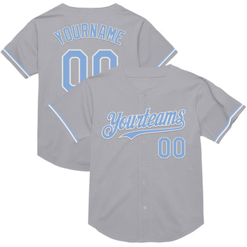 Custom Gray Light Blue-White Mesh Authentic Throwback Baseball Jersey