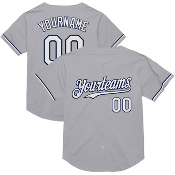 Custom Gray White-Navy Mesh Authentic Throwback Baseball Jersey