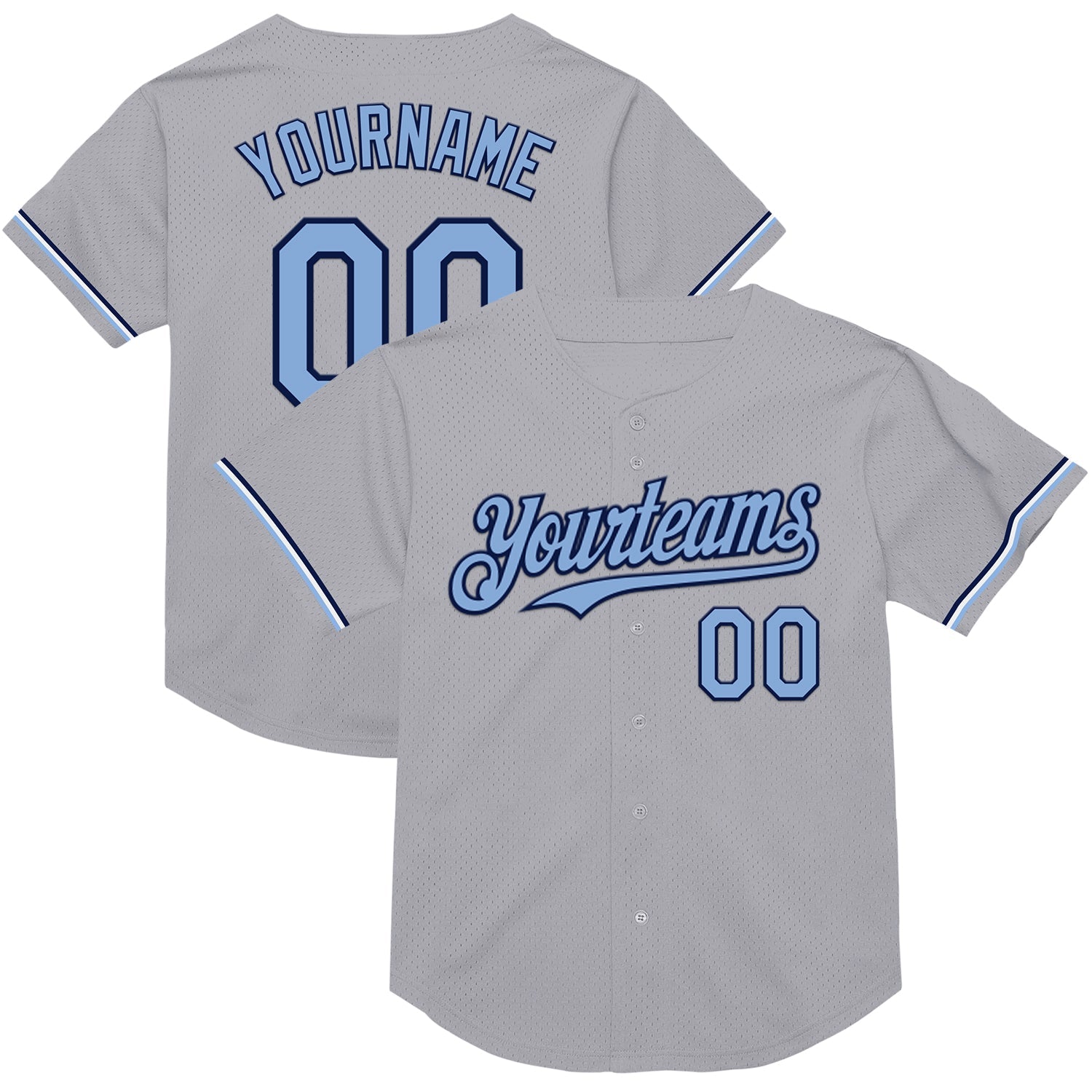 Custom Gray Light Blue-Navy Mesh Authentic Throwback Baseball Jersey