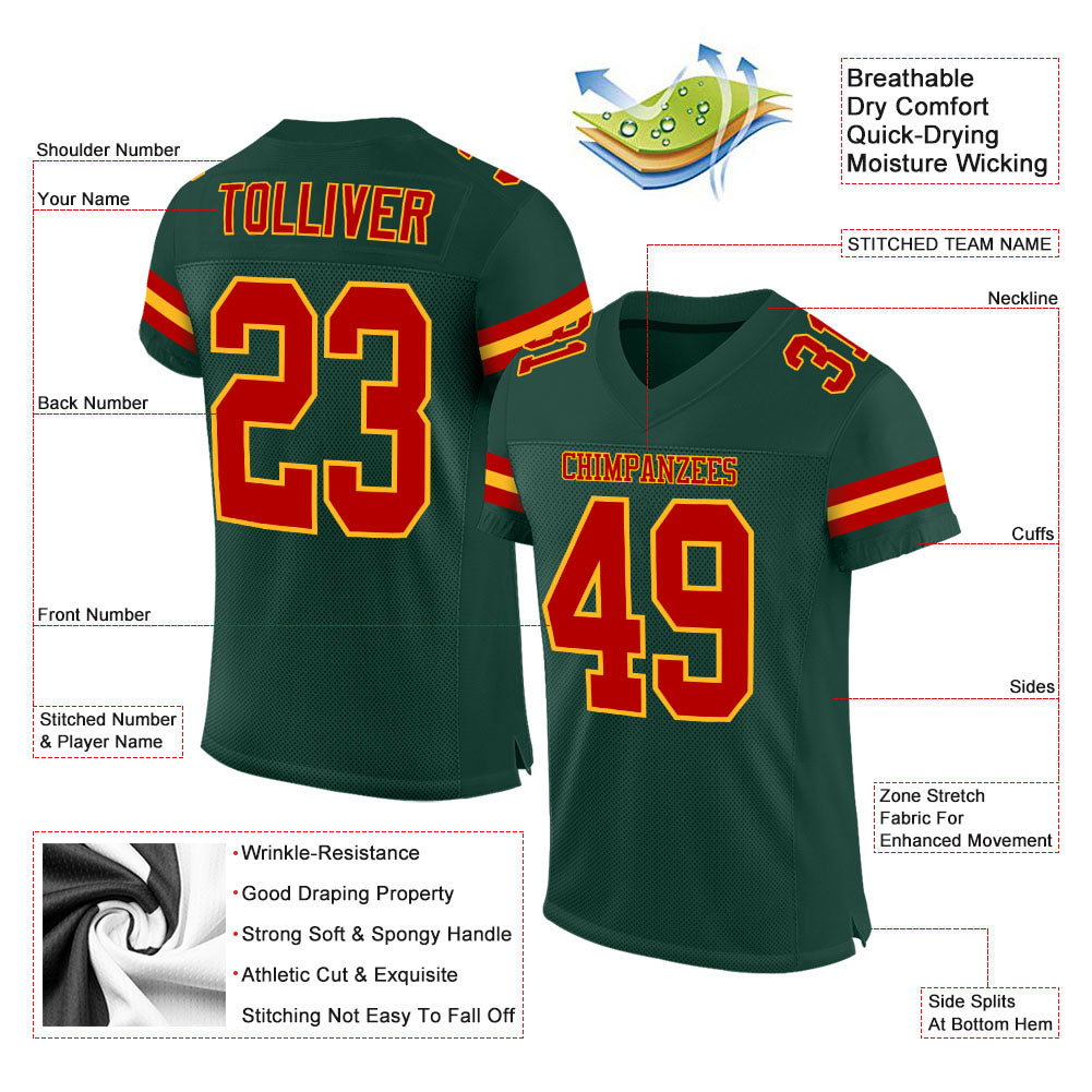 Custom Green Red-Gold Mesh Authentic Football Jersey