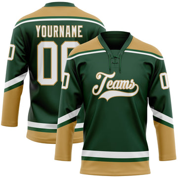 Custom Green White-Old Gold Hockey Lace Neck Jersey