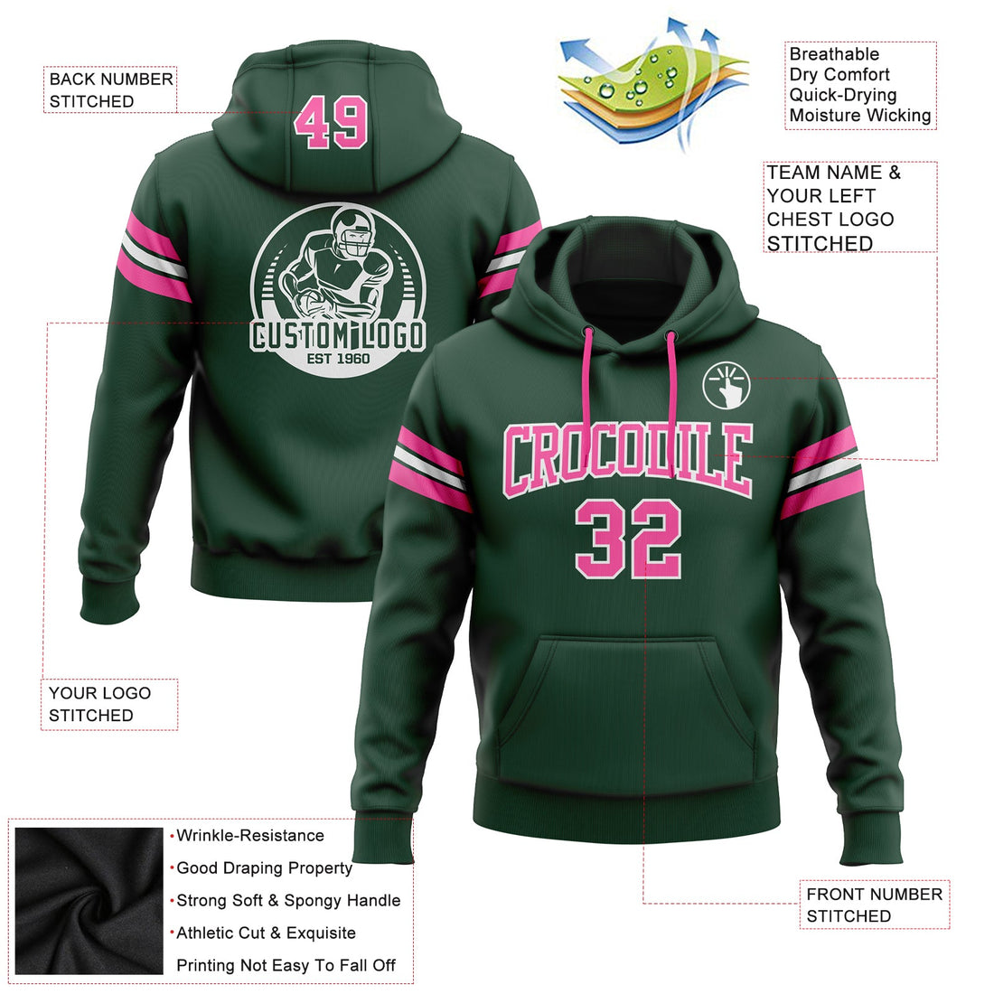 Custom Stitched Green Pink-White Football Pullover Sweatshirt Hoodie