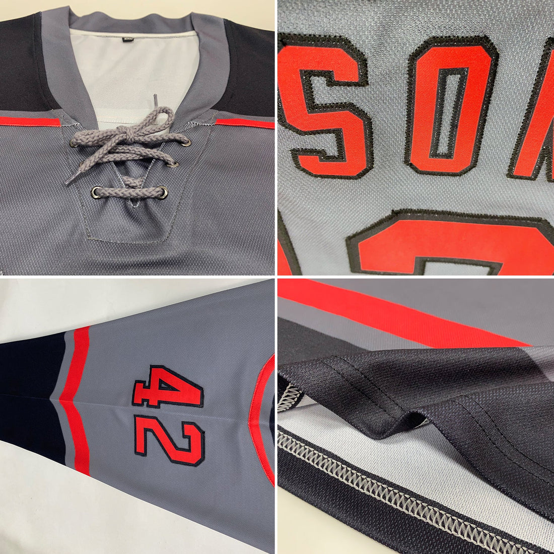 Custom Steel Gray Red-Black Hockey Lace Neck Jersey