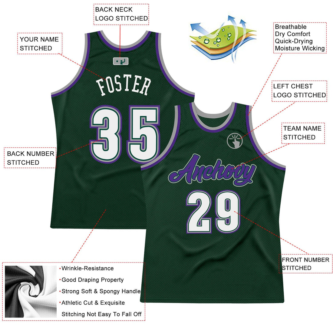 Custom Hunter Green White-Purple Authentic Throwback Basketball Jersey