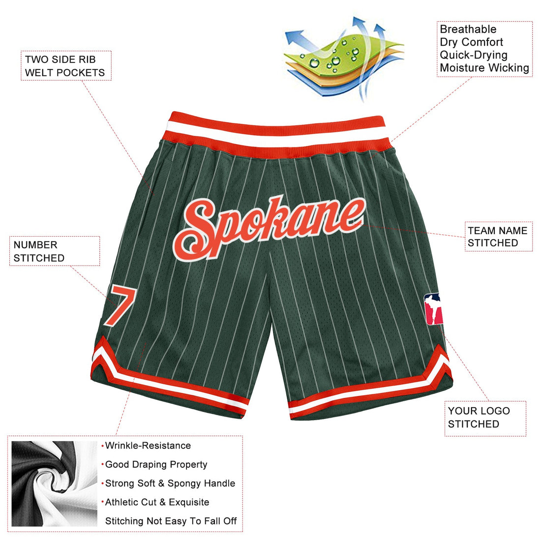 Custom Hunter Green White Pinstripe Orange-White Authentic Basketball Shorts