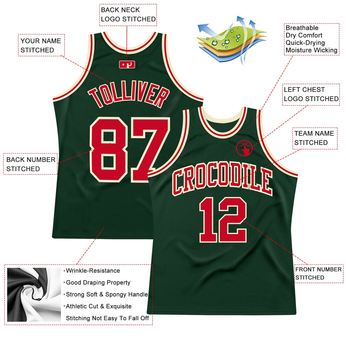 Custom Hunter Green Red-Cream Authentic Throwback Basketball Jersey