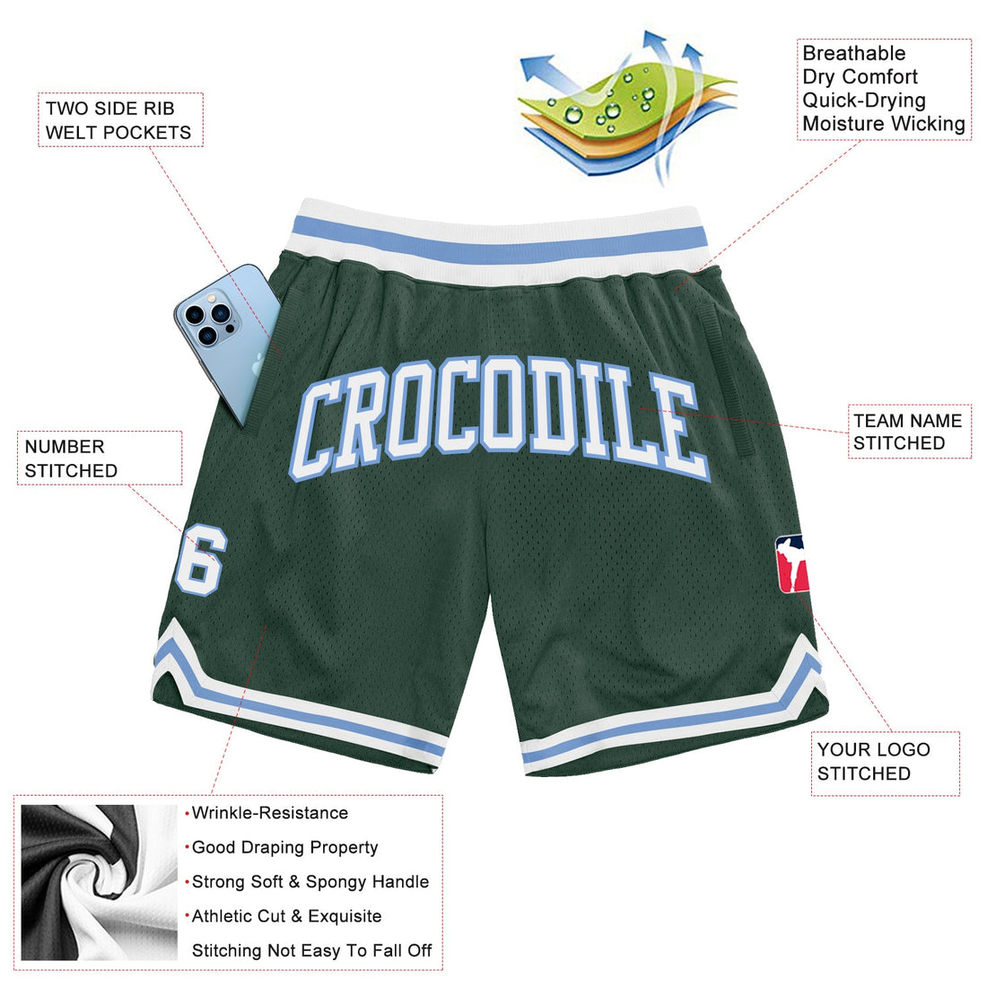 Custom Hunter Green White-Light Blue Authentic Throwback Basketball Shorts