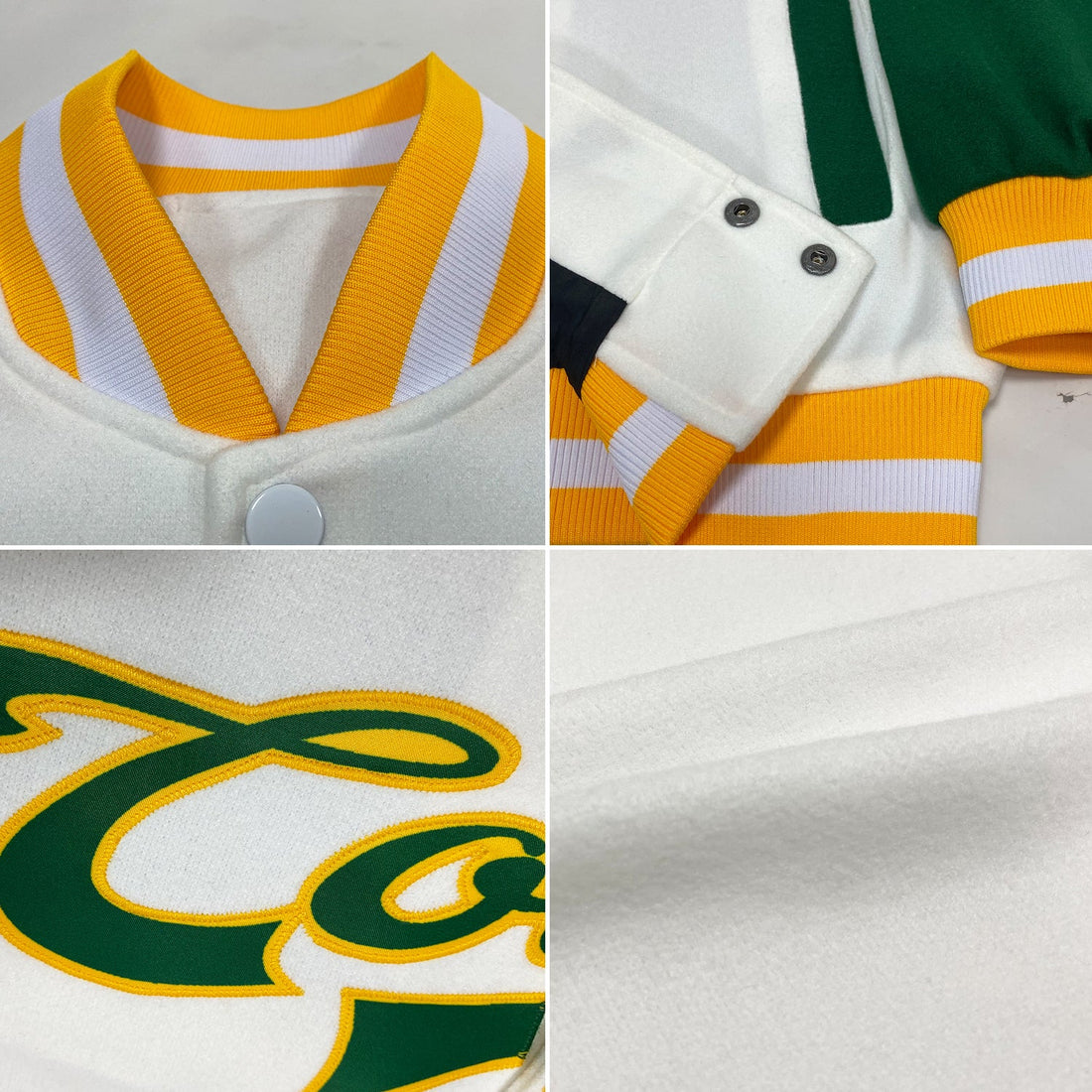 Custom White Kelly Green-Gold Bomber Full-Snap Varsity Letterman Two Tone Jacket