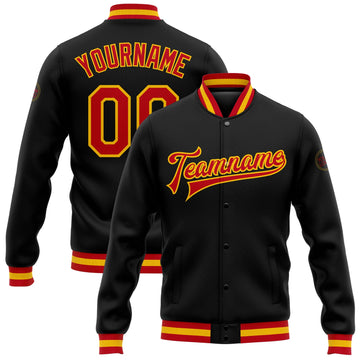 Custom Black Red-Gold Bomber Full-Snap Varsity Letterman Jacket