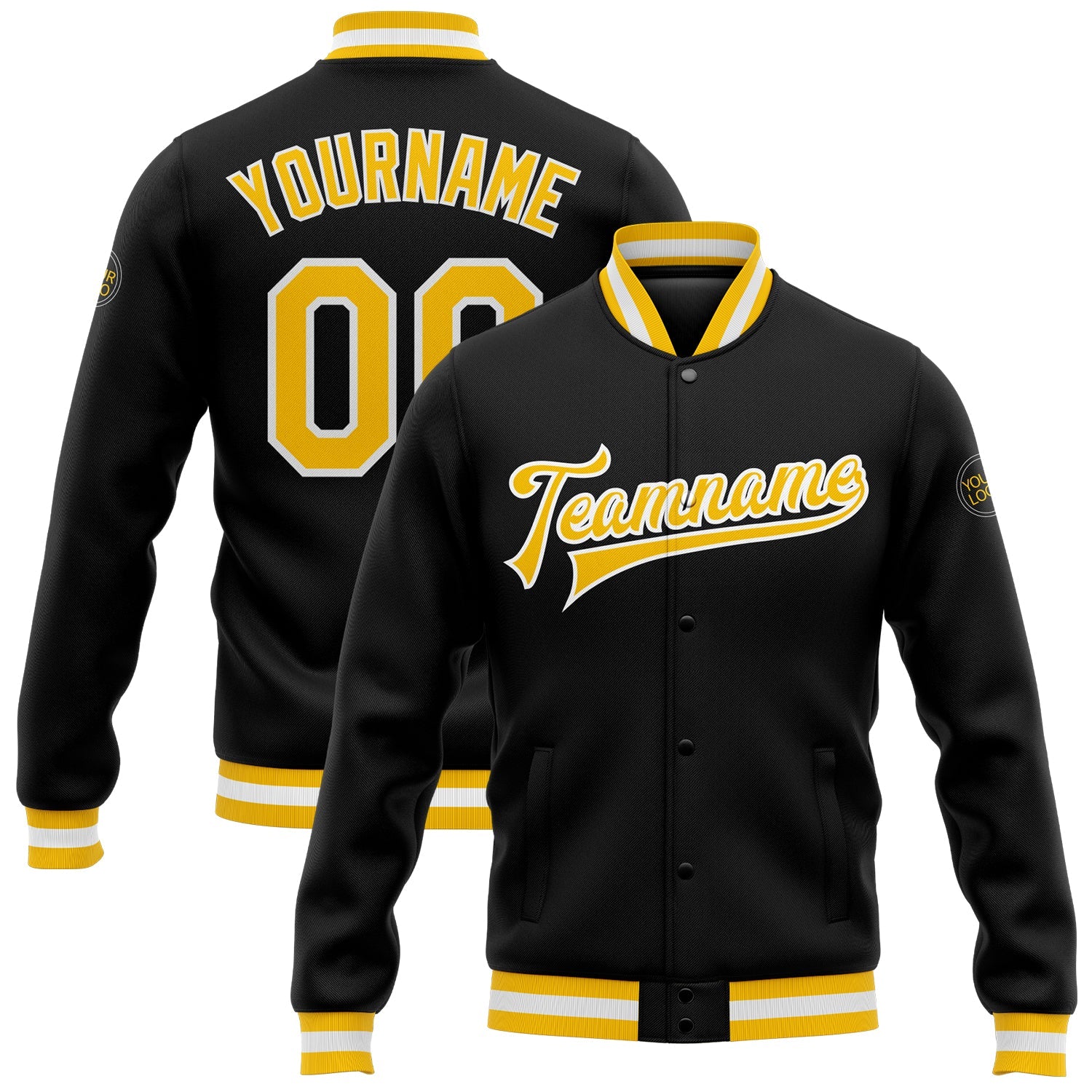 Custom Black Gold-White Bomber Full-Snap Varsity Letterman Jacket