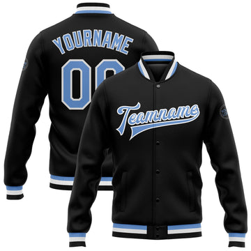 Custom Black Light Blue-White Bomber Full-Snap Varsity Letterman Jacket