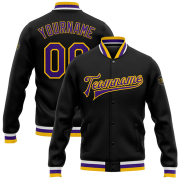 Custom Black Purple-Gold Bomber Full-Snap Varsity Letterman Jacket