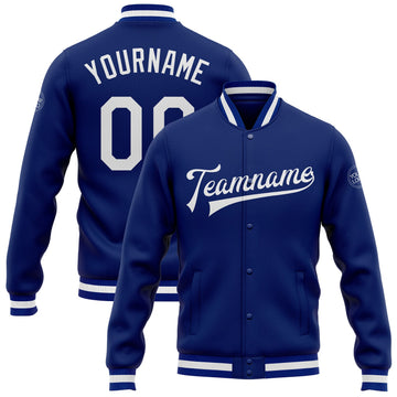 Custom Royal White Bomber Full-Snap Varsity Letterman Jacket