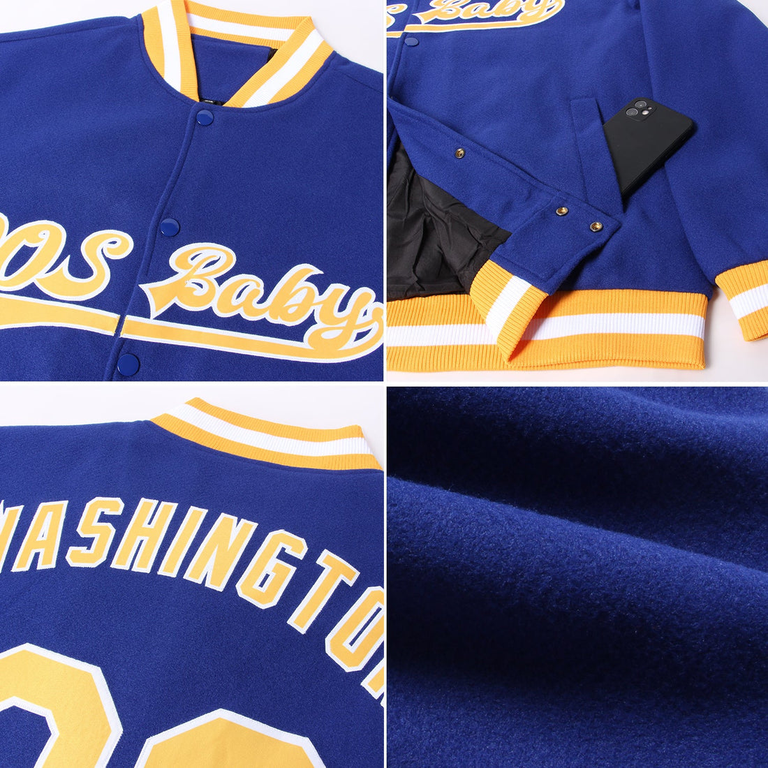 Custom Royal Gold-White Bomber Full-Snap Varsity Letterman Jacket