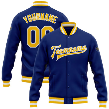 Custom Royal Gold-White Bomber Full-Snap Varsity Letterman Jacket