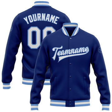 Custom Royal White-Light Blue Bomber Full-Snap Varsity Letterman Jacket