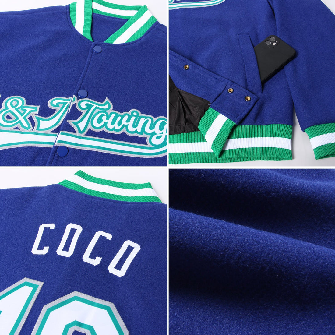 Custom Royal White Kelly Green-Gray Bomber Full-Snap Varsity Letterman Jacket