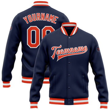 Custom Navy Orange-White Bomber Full-Snap Varsity Letterman Jacket