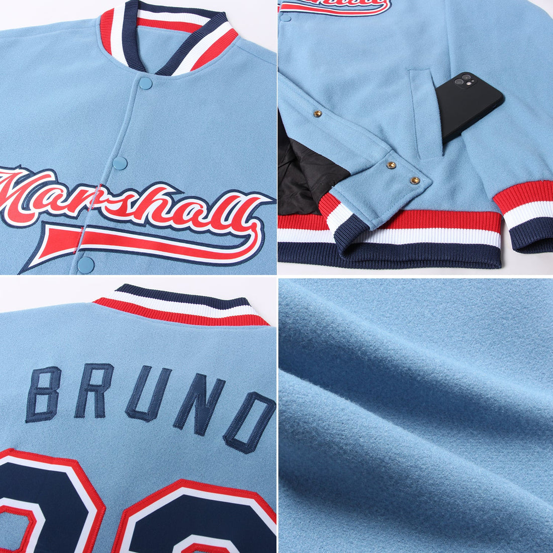 Custom Light Blue Navy White-Red Bomber Full-Snap Varsity Letterman Jacket