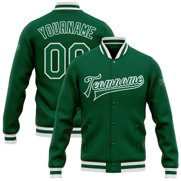 Custom Kelly Green Kelly Green-White Bomber Full-Snap Varsity Letterman Jacket