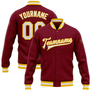 Custom Crimson White-Gold Bomber Full-Snap Varsity Letterman Jacket