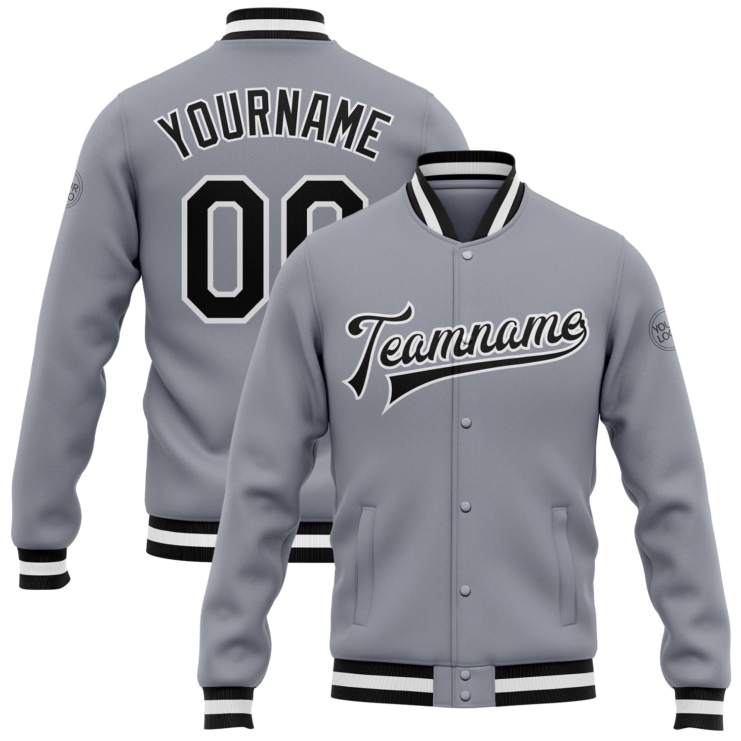 Custom Gray Black-White Bomber Full-Snap Varsity Letterman Jacket