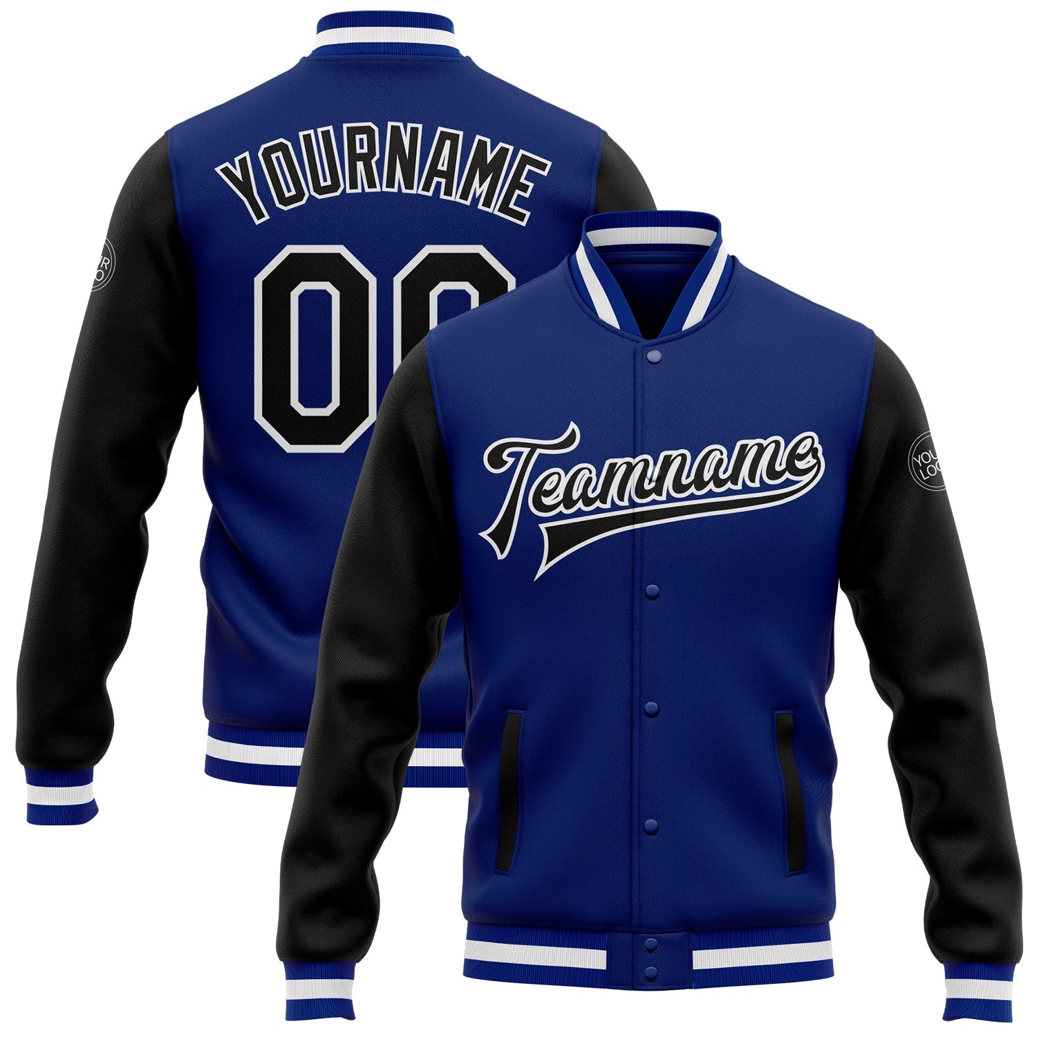 Custom Royal Black-White Bomber Full-Snap Varsity Letterman Two Tone Jacket