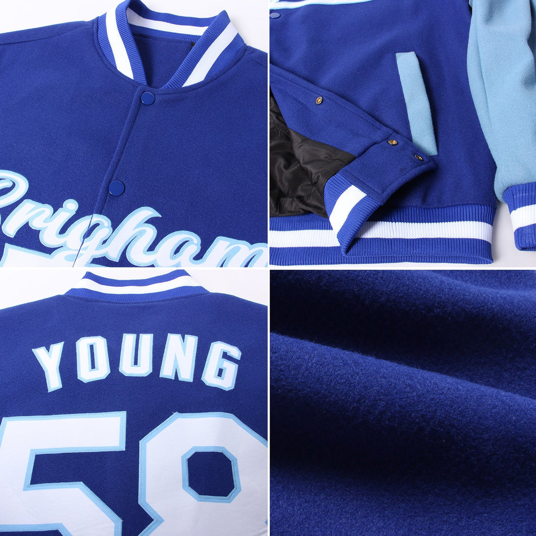 Custom Royal White-Light Blue Bomber Full-Snap Varsity Letterman Two Tone Jacket