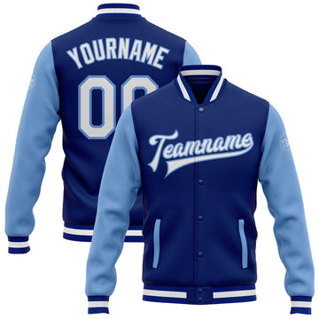 Custom Royal White-Light Blue Bomber Full-Snap Varsity Letterman Two Tone Jacket