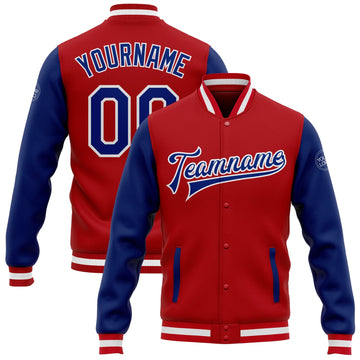 Custom Red Royal-White Bomber Full-Snap Varsity Letterman Two Tone Jacket