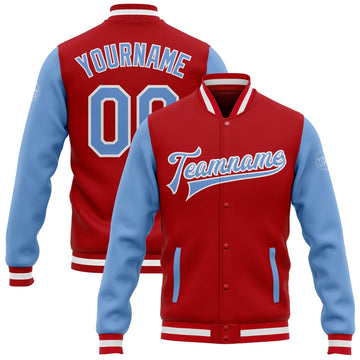 Custom Red Light Blue-White Bomber Full-Snap Varsity Letterman Two Tone Jacket