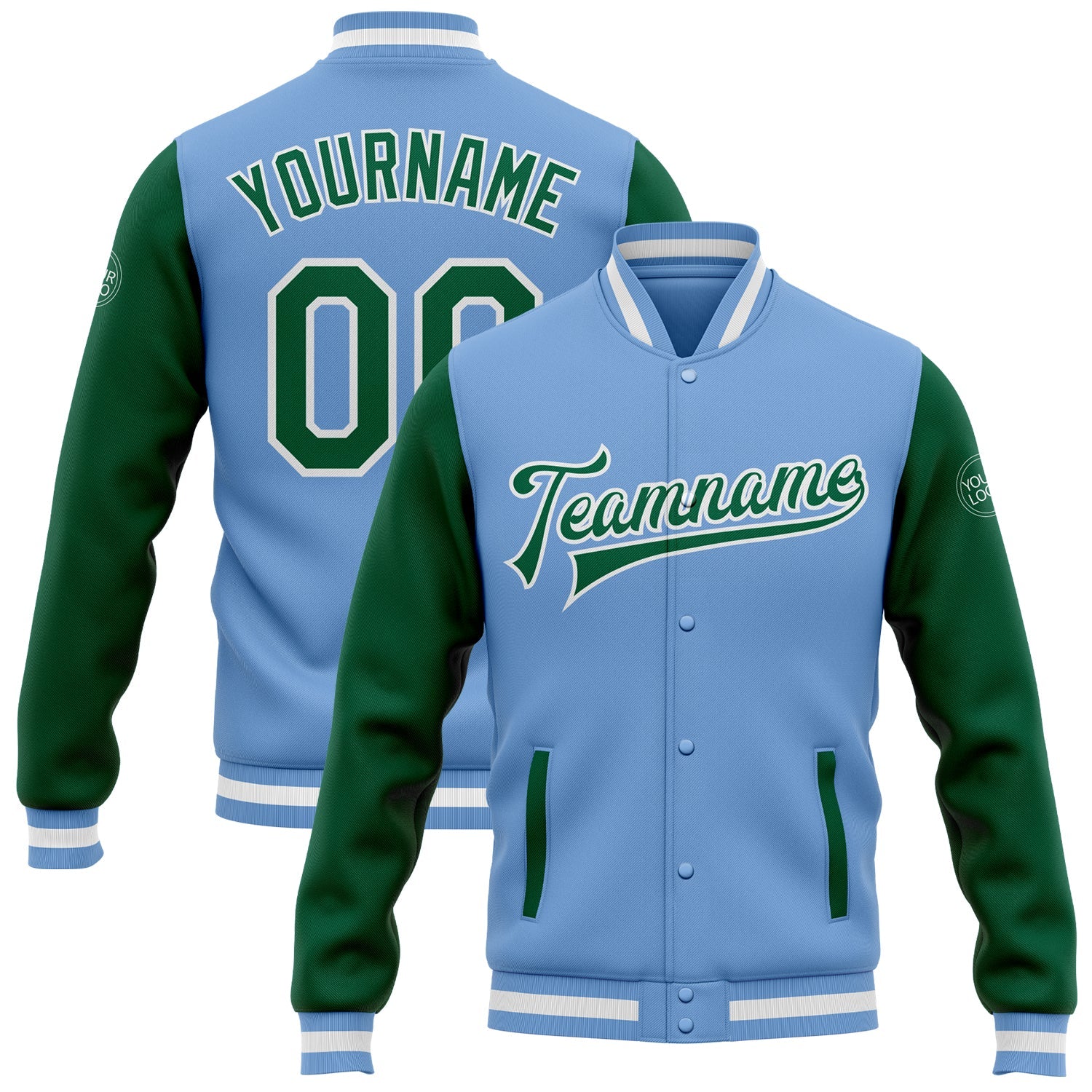 Custom Light Blue Kelly Green-White Bomber Full-Snap Varsity Letterman Two Tone Jacket