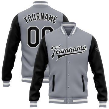 Custom Gray Black-White Bomber Full-Snap Varsity Letterman Two Tone Jacket