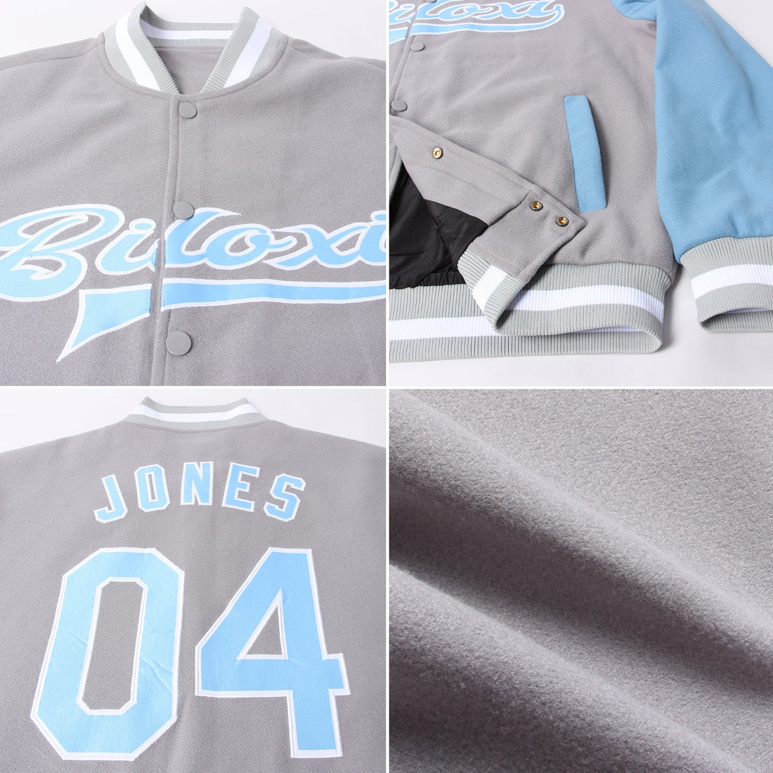 Custom Gray Light Blue-White Bomber Full-Snap Varsity Letterman Two Tone Jacket