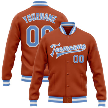 Custom Texas Orange Light Blue-White Bomber Full-Snap Varsity Letterman Jacket