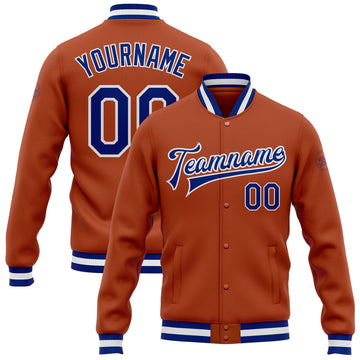 Custom Texas Orange Royal-White Bomber Full-Snap Varsity Letterman Jacket