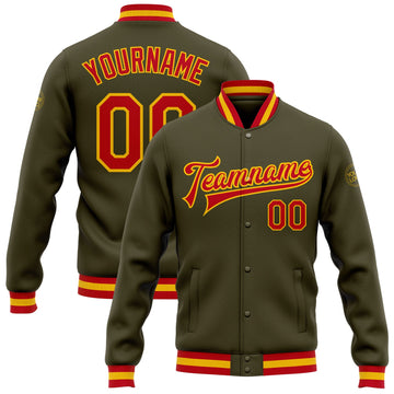 Custom Olive Red-Gold Bomber Full-Snap Varsity Letterman Salute To Service Jacket